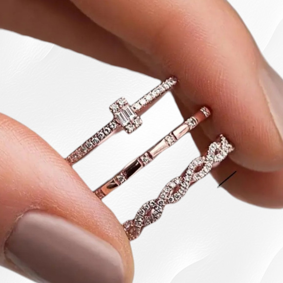 Rosy Golden Cubic Zirconia Stackable Simple 3 Piece Fashion Rings Size 8 - Picture 3 of 6